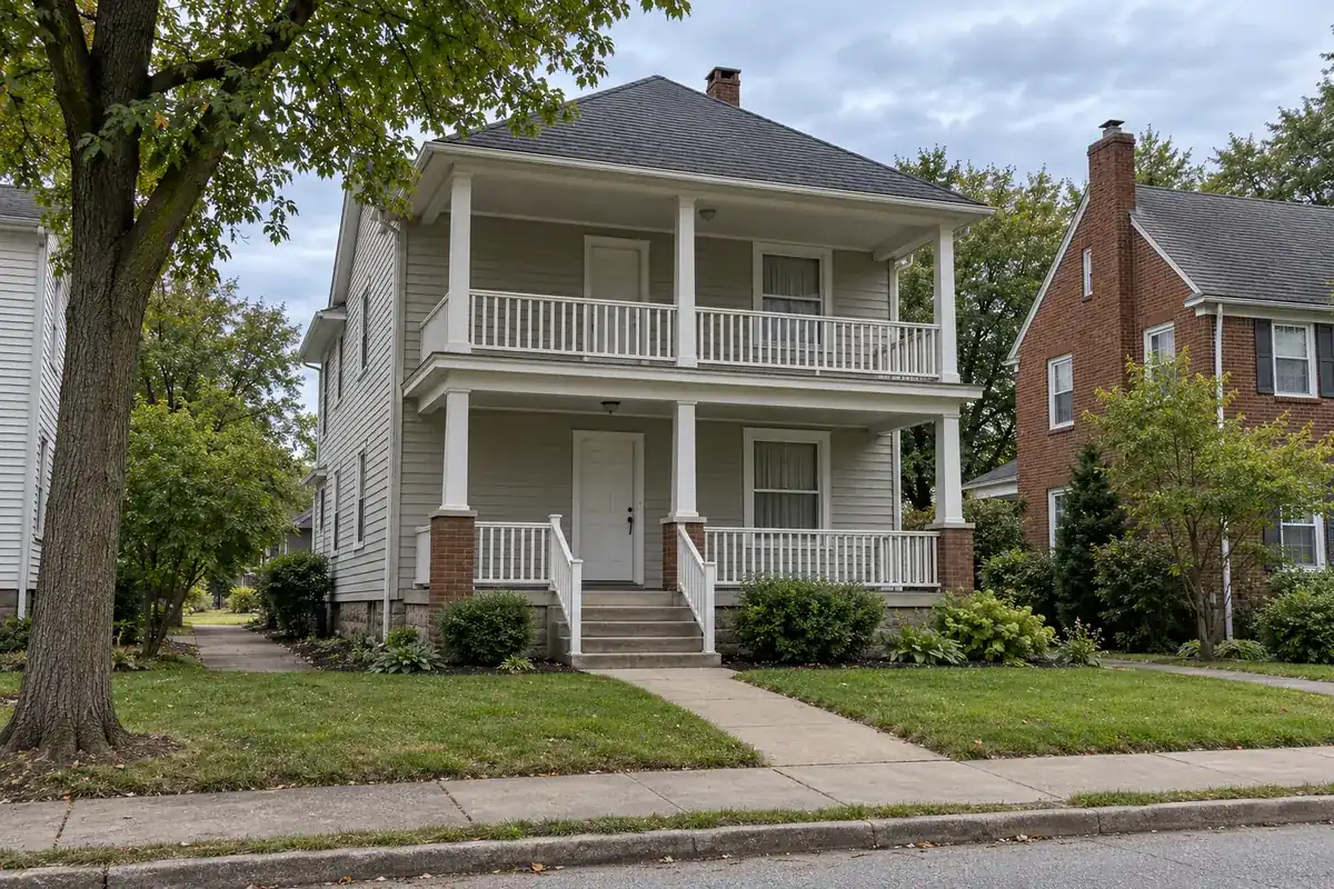 A quiet two-family house on an overcast day