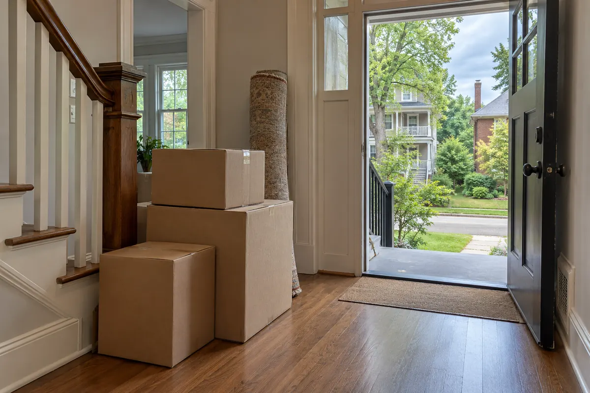 Moving boxes stacked by the front door of a house