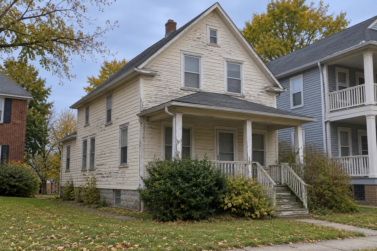 A house with peeling paint and worn roof shingles that needs repairs